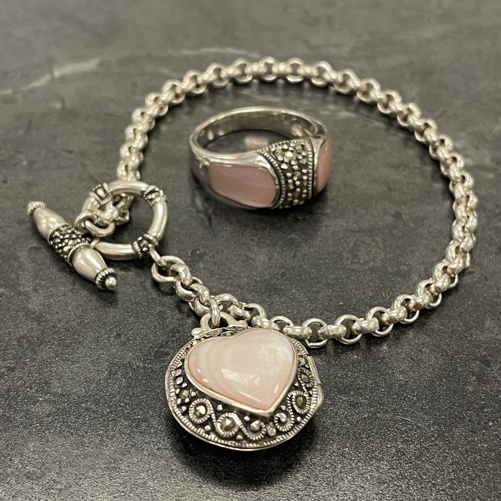 Pink Mother of Pearl and Marcasite Bracelet and Ring Bundle